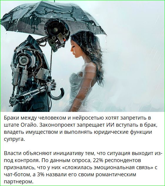 Браки между человеком и нейросетью хотят запретить в штате Огайо. Законопроект запрещает вступать в брак, владеть имуществом и выполнять юридические функции супруга. Власти объясняют инициативу тем, что ситуация выходит из-под контроля. По данным опроса, 22% респондентов признались, что у них «сожились эмоциональная связь» с чат-ботом, а 3% назвали его своим романтическим партнёром.