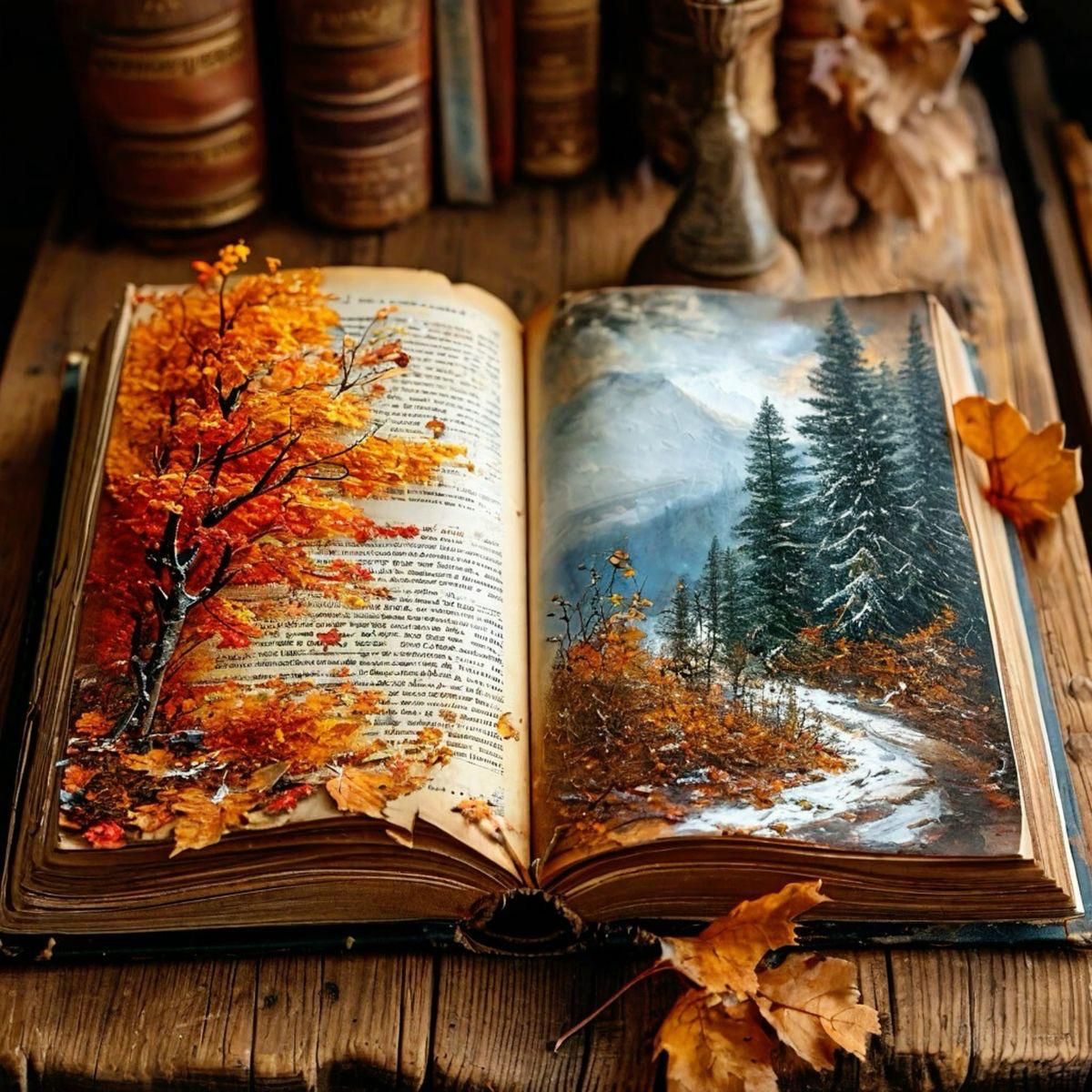 Открытая книга на столе с осенними листьями и зимним пейзажем на страницах.