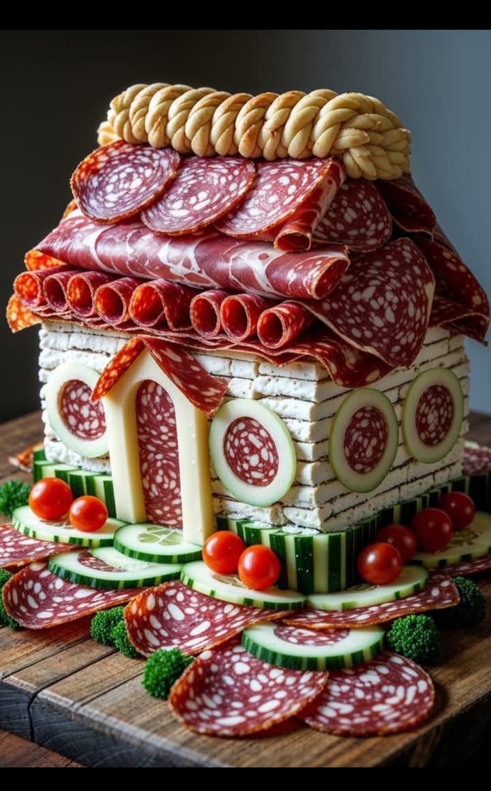 кулинарная композиция: домик из хлеба, колбасы и овощей