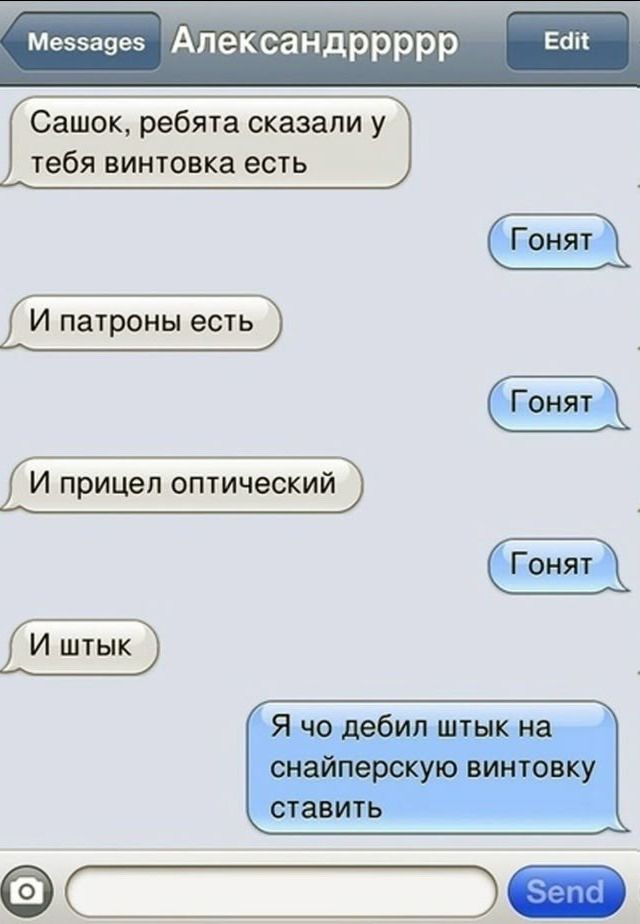 Сашок, ребята сказали у тебя винтовка есть. Гонят. И патроны есть. Гонят. И прицел оптический. Гонят. И штык. Гонят. Я чо дебил штык на снайперскую винтовку ставить