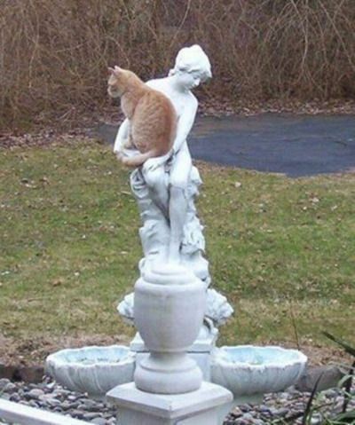 Садовая статуя с котом, сидящим на ее руке