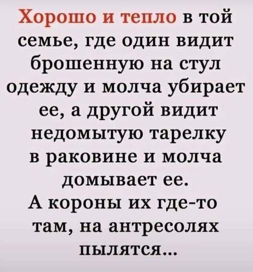Хорошо и тепло в той семье, где один видит брошенную на стул одежду и молча убирает ее, а другой видит недомытою тарелку в раковине и молча домывает ее. А короны их где‑то там, на антресолях пылятся...