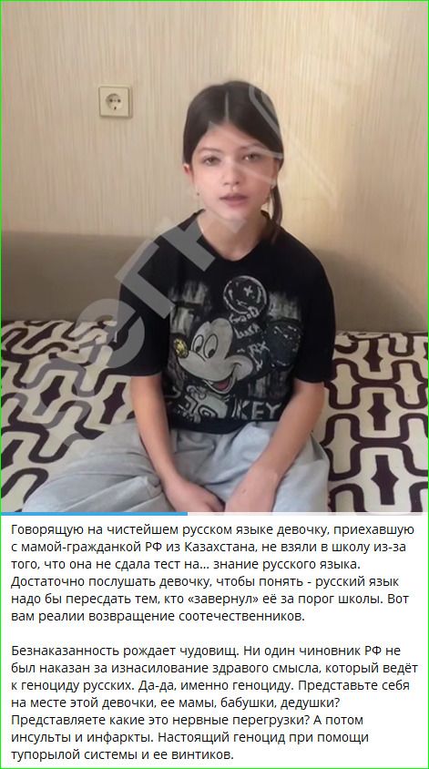 Говорящую на чистейшем русском языке девочку, приехавшую с мамой‑гражданкой РФ из Казахстана, не взяли в школу из‑за того, что она не знала тест на знание русского языка. Безнаказанность рождает чудовищ. Представьте себя на месте этой девочки, её матери и бабушки. Это история соотечественников.