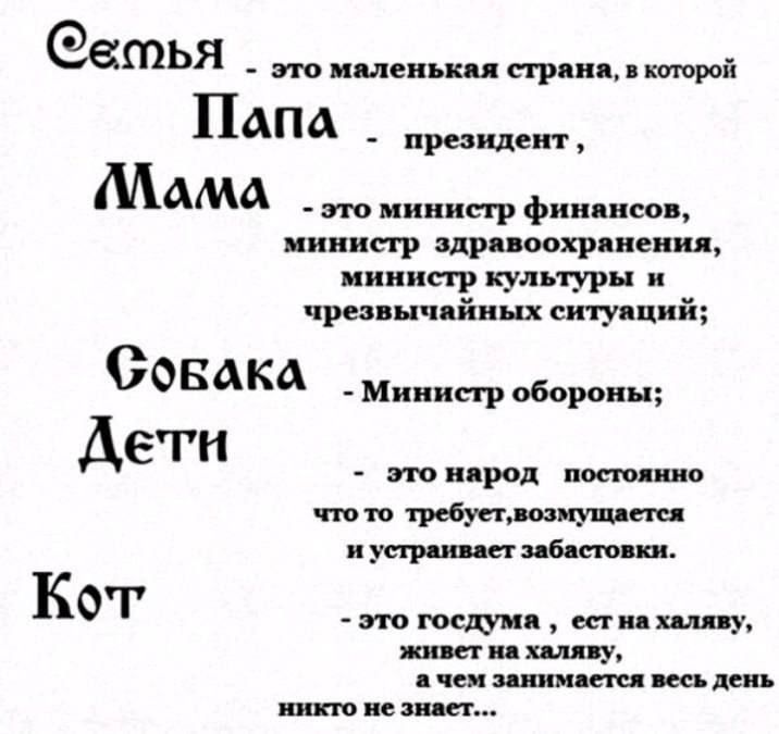 Семья - это маленькая страна, в которой
Папа - президент,
Мама - министр финансов, министр здравоохранения, министр культуры и чрезвычайных ситуаций;
СОБАКА - Министр обороны;
Дети - это народ постоянно что-то требует, возмущается и устраивает забастовки.
Кот - это государство, есть на халяву, живет на халяву, а чем занимается весь день никто не знает...