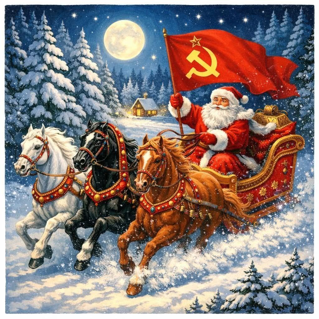 Дед Мороз в санях с красным флагом СССР на зимнем фоне под луну.