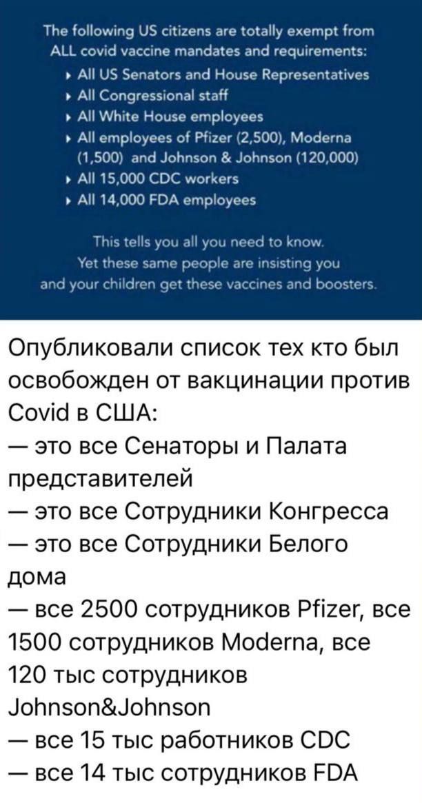 The following US citizens are totally exempt from ALL covid vaccine mandates and requirements: All US Senators and House Representatives; All Congressional staff; All White House employees; All employees of Pfizer, Moderna, Johnson & Johnson; All 15,000 CDC workers; All 14,000 FDA employees. This tells you all you need to know.