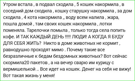 Утром встала, в подвал сходила, 5 кошек накорммила, в соседний дом сходила, кошку старушку накормила, за дом сходила, 4 кота накормила, воду всем налила, жарa, пошла домой, там своих кошек накормила, лотки поменяла. Тарелочки помыла, только тогда села попить кофе. И ТАК КАК БЕДАМЫЙ ДЕНЬ !!!!! ЛЮДИ! А КОГДА Я БУДУ ДЛЯ СЕБЯ ЖИТЬ? Никто в доме животных не кормит, равнодушно проходят мимо. Почему такие все безразличные к бедам бездомных животных? Вот сейчас скормила 20 пакетов, а на вечер сварю им курицу с вермишелью .. Все идет на кошек. Денег на себя не вижу! Вот такая жизнь у меня!