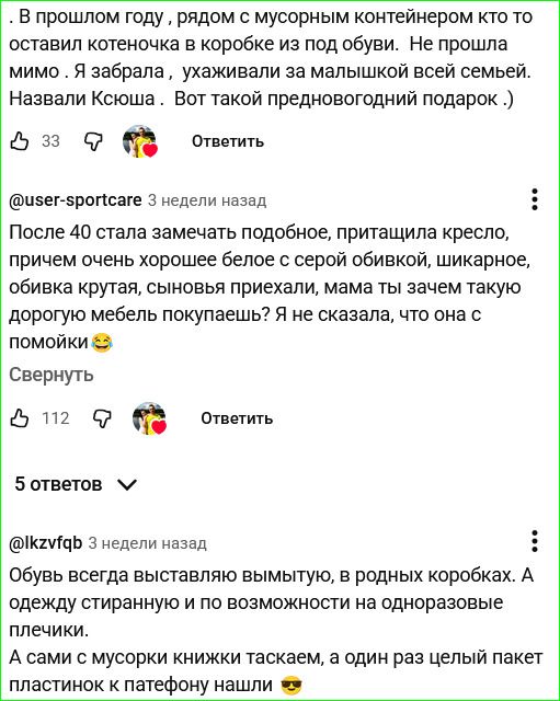 В прошлом году, рядом с мусорным контейнером кто-то оставил котёнка в коробке из-под обуви. Не прошла мимо. Я забрала, ухаживали за малышкой всей семьёй. Назвали Кешша. Вот такой предновогодний подарок :) После 40 стала замечать подобное: притащила кресло белое с серой обивкой, шикарное, обивка крутая, сыновьё приехали, мама ты зачем такую дорогую мебель покупаешь? Я не сказала, что она с помойки.