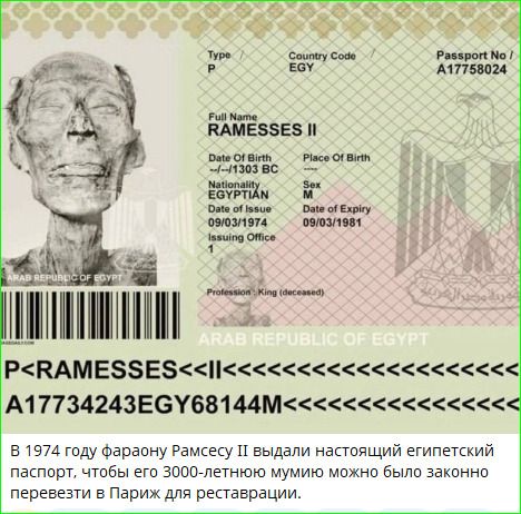 RAMSESSES II, ARAB REPUBLIC OF EGYPT. Passport No A17758024. Date of Birth ~1303 BC. Place of Birth Egypt. В 1974 году фараону Рамсесу II выдали настоящий египетский паспорт, чтобы его 3000-летнему мумие можно было законно перевезти в Париж для реставрации.