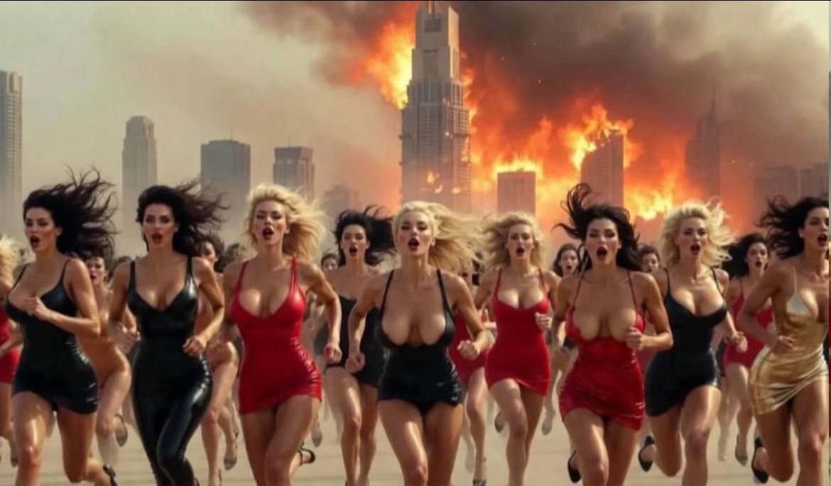 Группа девушек в купальниках бежит на фоне пожара в городе.