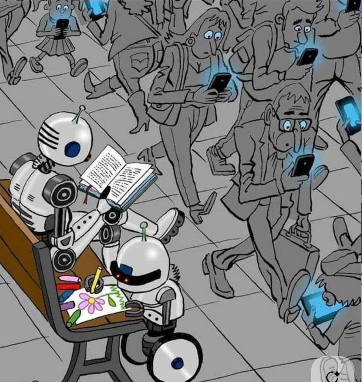 Два робота за столом рисуют на бумаге, толпа людей вокруг смотрит в смартфоны.