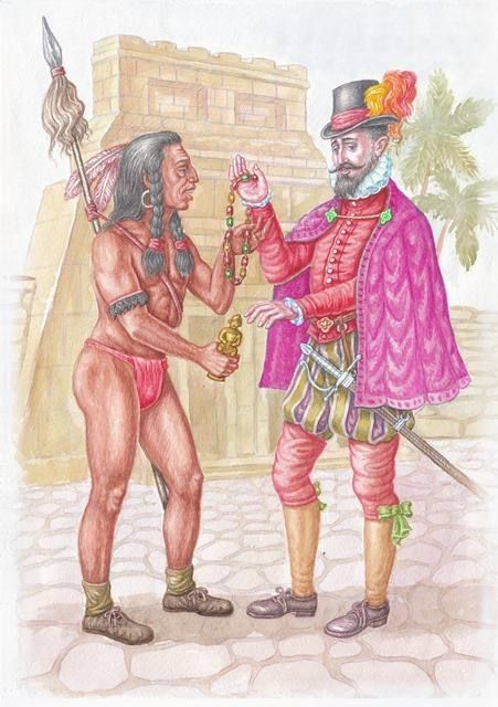 Две фигуры: европеец в ярком костюме вручает бусы индейцу