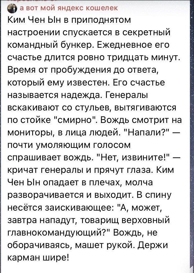 Ким Чен Ын в приподнятом настроении спускается в секретный командный бункер. Ежедневное его счастье длится ровно тридцать минут. Время от пробуждения до ответа. Его счастье называется надежда. Генералы вскакивают со стульев, вытирают лица. 'Напали?' — спрашивает вождь. 'Нет, извините!' — кричат генералы и прячут глаза. Ким Чен Ын опадает в плечах и выходит. Держи карман шире!