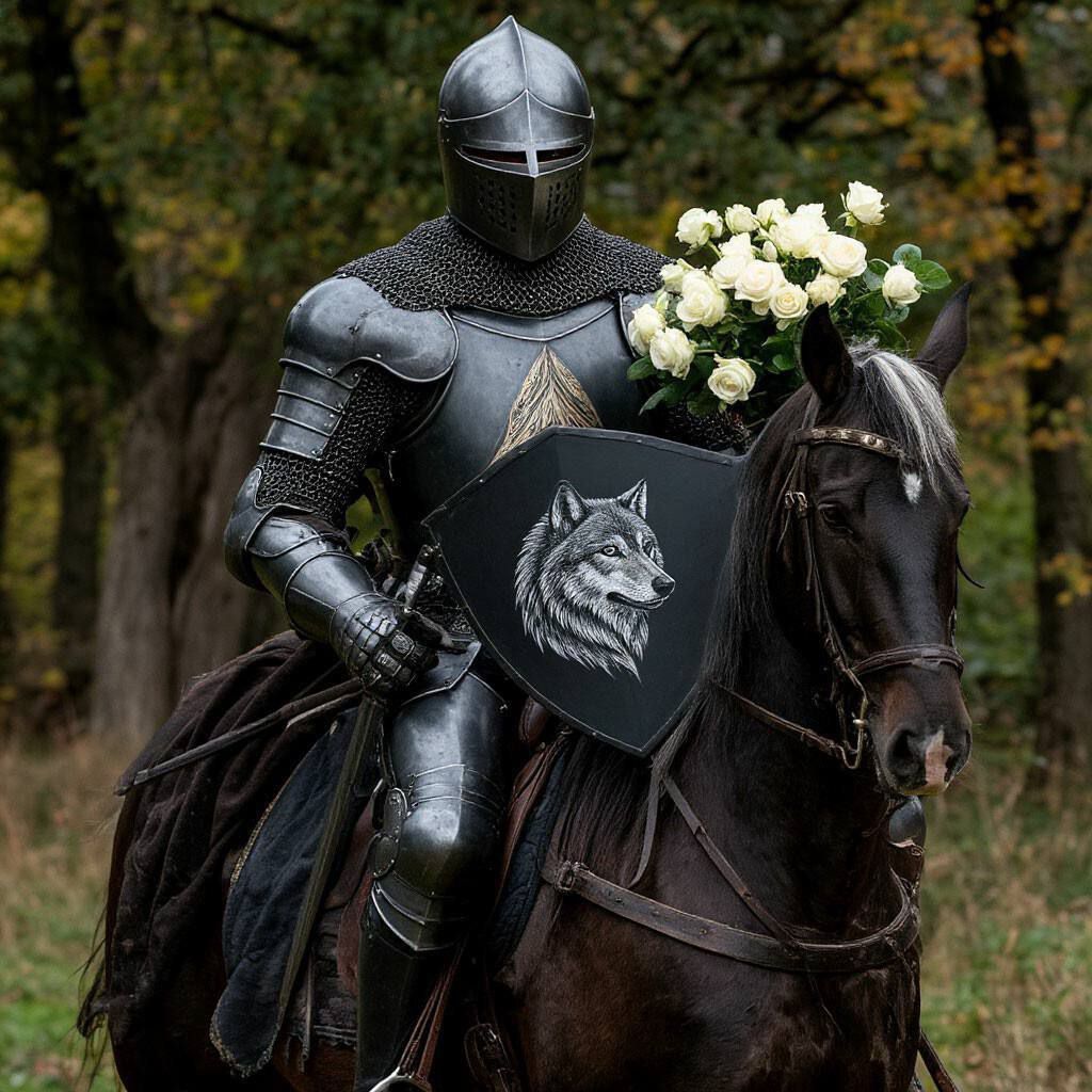 Рыцарь в доспехах на коне держит щит с волком и bouquet белых роз