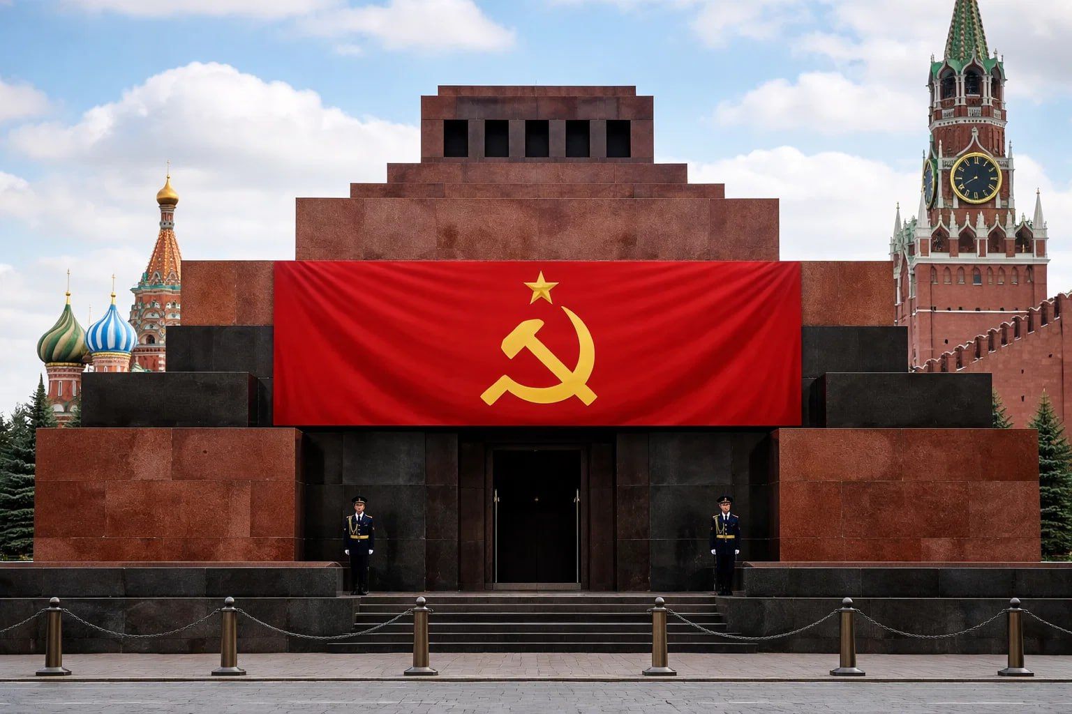 Красный флаг с серпом и молотом на монументальном здании на фоне Кремля