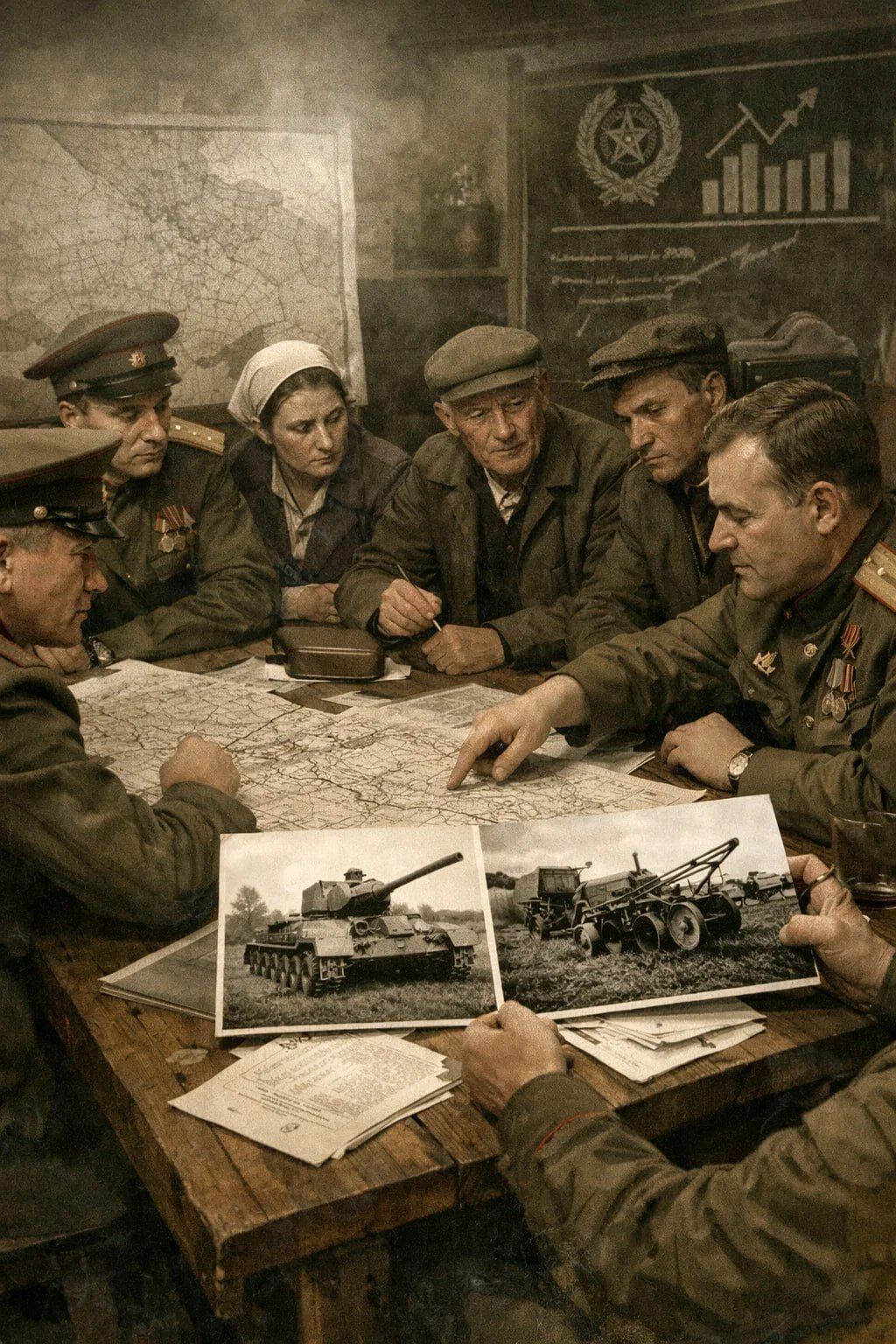 Группа советских офицеров за картой, рассматривают черно-белые фото танков.