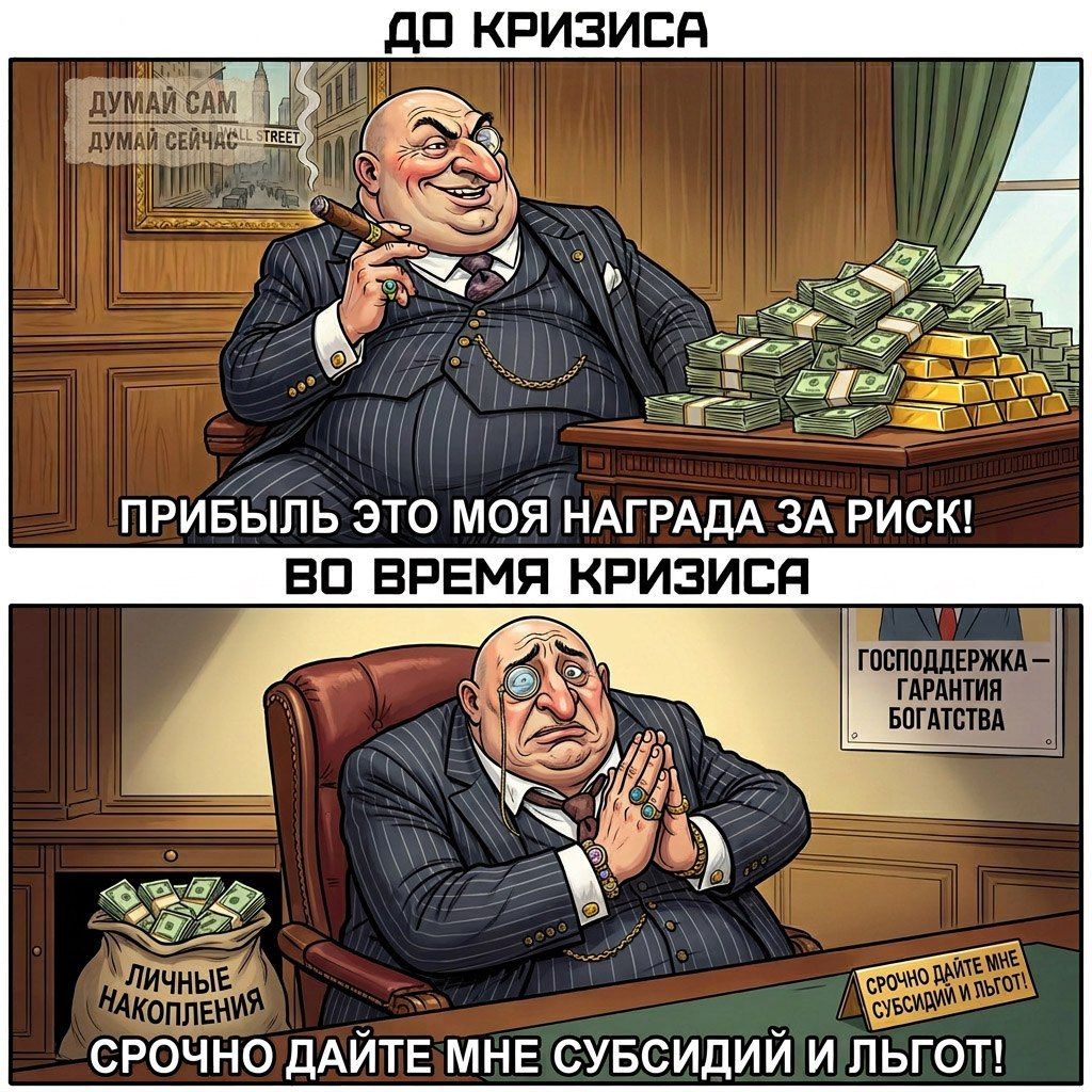 ДО КРИЗИСА ДУМАЙ САМ ДУМАЙ СЕЙЧАС STREET ПРИБЫЛЬ ЭТО МОЯ НАГРАДА ЗА РИСК! ВО ВРЕМЯ КРИЗИСА ГОСПОДДЕРЖКА – ГАРАНТИЯ БОГАТСТВА ЛИЧНЫЕ НАКОПЛЕНИЯ СРОЧНО ДАЙТЕ МНЕ СУБСИДИЙ И ЛЬГОТ! СРОЧНО ДАЙТЕ МНЕ СУБСИДИЙ И ЛЬГОТ!