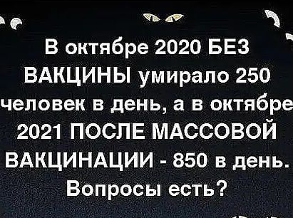 В октябре 2020 БЕЗ ВАКЦИНЫ Умирало 250 человек в день а в октябре 2021 послв МАССОВОЙ ВАКЦИНАЦИИ 850 в день Вопросы есть