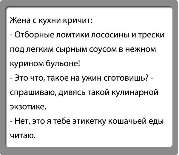 Жена с кухни кричит _ Отборные ПОМТИКИ ЛОСОСИНЫ И трески под легким сырным соусом в нежном курином бульоне Это что такое на ужин сготовишь спрашиваю дивясь такой кулинарной экзотике Нет это я тебе этикетку кошачьей еды читаю