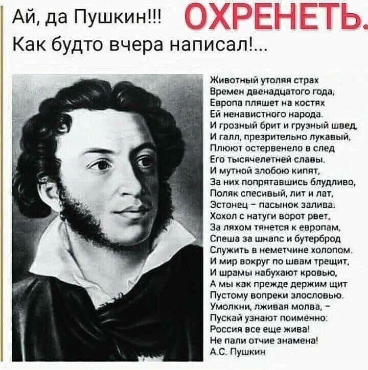 АЙ да Пушкин Как будто вчера написал Животный утоляя страх Времен двенадцатого года Европа пляшет на костях Ей ненавистного народа И грозный брит и грузный швед И галл презрительно лукавый Плюют остервенело в след Его тысячелетней славы И мутной злобою кипят За них попрятавшись блудлиес Поляк спесивый лит и лат Эстонец пасынок залива Хохол с натуги ворот реет За ляжом тянется к европам Спеша за шн