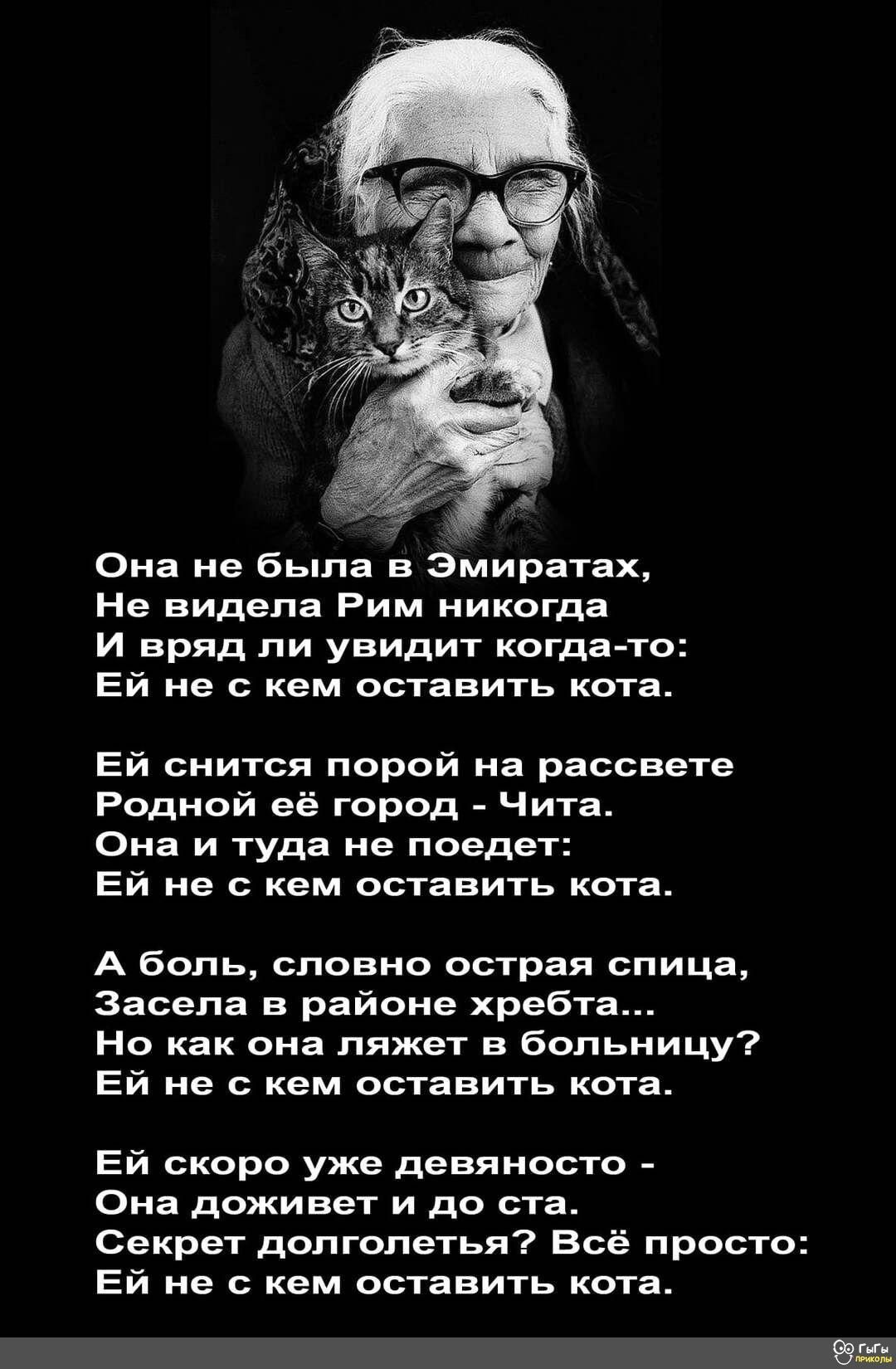 Она не была в Эмиратах Не видела Рим никогда И вряд ли увидит когда то Ей не с кем оставить кота Ей снится порой на рассвете Родной её город Чита Она и туда не поедет Ей не с кем оставить кота А боль словно острая спица Засела в районе хребта Но как она ляжет в больницу Ей не с кем оставить кота Ей скоро уже девяносто Она доживет и до ста Секрет долголетья Всё просто Ей не с кем оставить кота