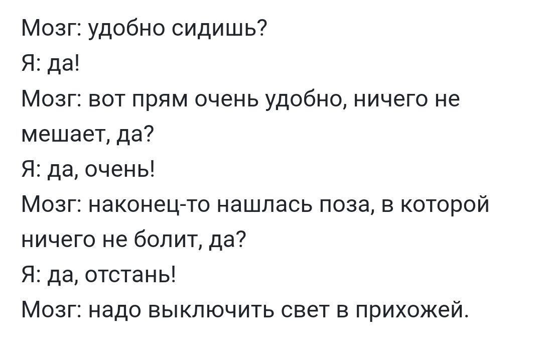 Мозг удобно сидишь Я да Мозг вот прям очень удобно ничего не мешает да Я да очень Мозг наконец то нашлась поза в которой ничего не болит да Я да отстань Мозг надо выключить свет в прихожей