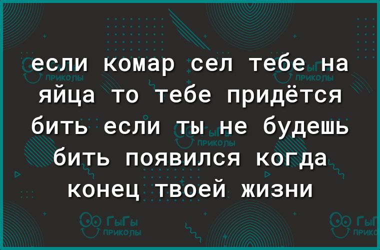 если комар сел тебе на яйца то тебе придётся бить если ты не будешь бить появился когда конец твоей жизни