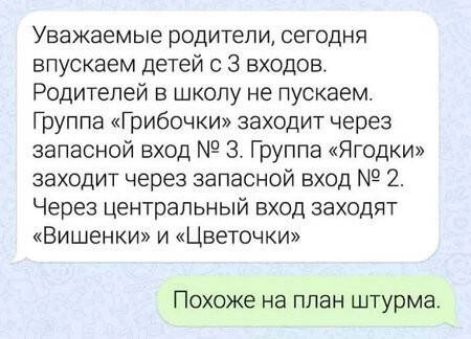 Уважаемые родители сегодня впускаем детей с 3 входов Родителей в школу не пускаем Группа Грибочки заходит через запасной вход 3 Группа Ягодки заходит через запасной вход 2 Через центральный вход заходят Вишенки и Цветочки Похоже на ппан штурма