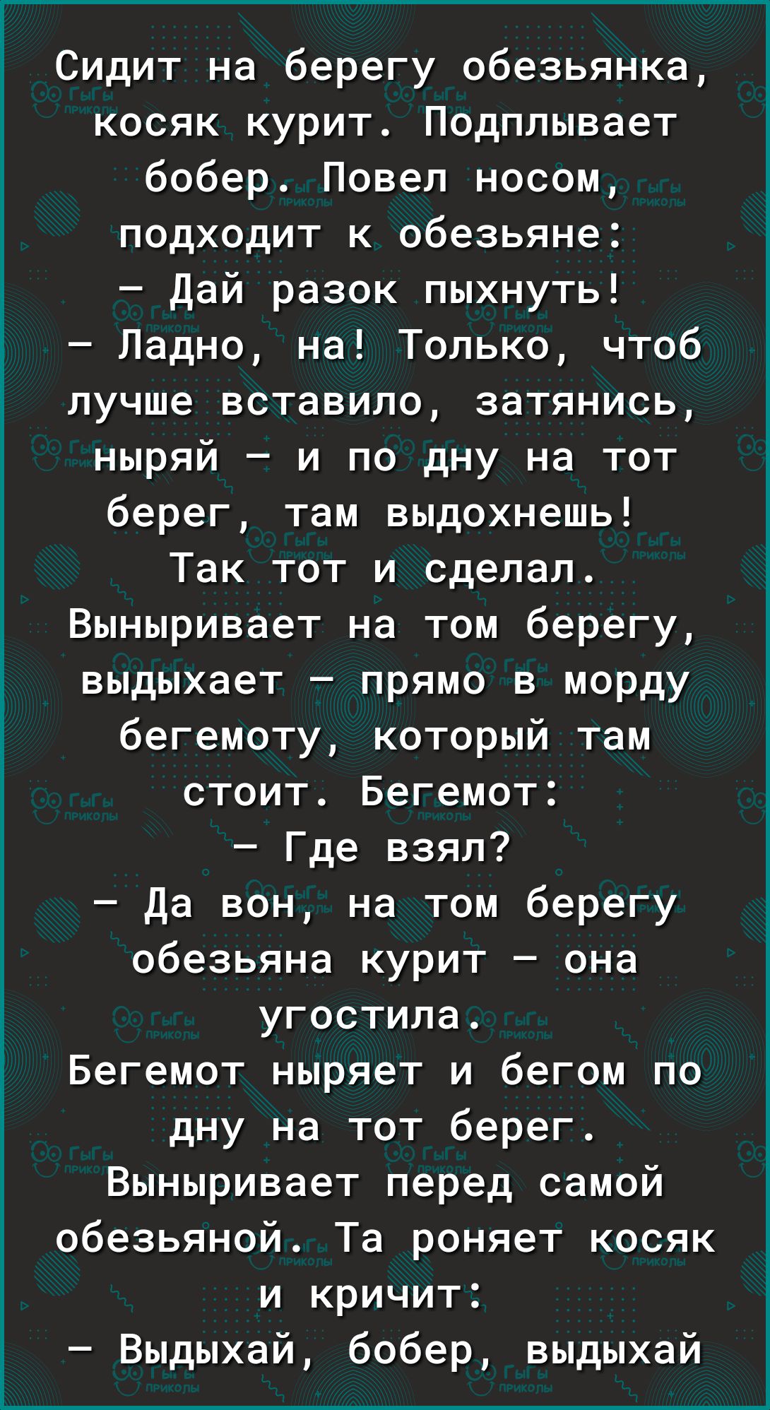 Сидит на берегу обезьянка косяк курит Подплывает бобер Повел носом подходит к обезьяне Дай разок пыхнуть Ладно на Только чтоб лучше вставило затянись ныряй и по дну на тот берег там выдохнешь Так тот и сделал Выныривает на том берегу выдыхает прямо в морду бегемоту который там стоит Бегемот Где взял Да вон на том берегу обезьяна курит она угостила Бегемот ныряет и бегом по дну на тот берег Вынырив