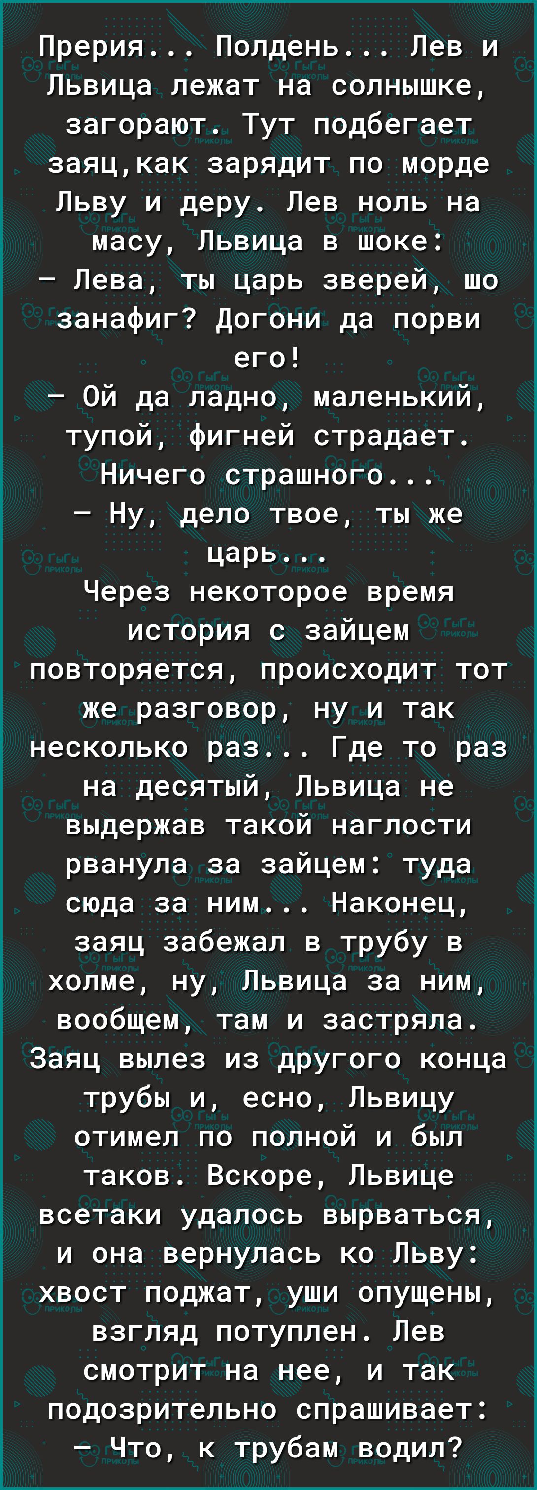 Прерия ПОЛдеНЬ Лев и Львица лежат на солнышке загорают Тут подбегает заяцкак зарядит по морде Льву и деру Лев ноль на масу Львица в шоке Лева ты царь зверей шо занафиг Догони да порви его Ой да ладно маленький тупой фигней страдает Ничего страшного Ну дело твое ты же царь Через некоторое время история с зайцем повторяется происходит тот же разговор ну и так несколько раз Где то раз на десятый Льви