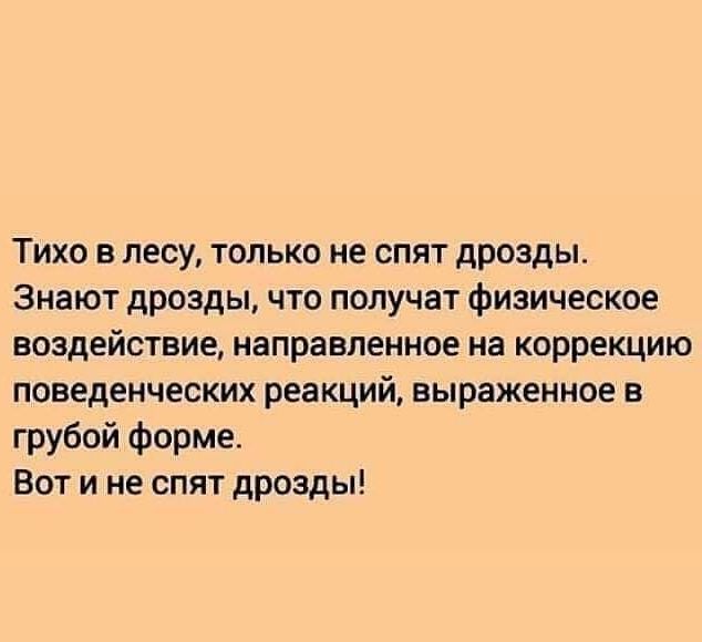 Тихо в лесу только не спят дрозды Знают дрозды что получат физическое воздействие направленное на коррекцию поведенческих реакций выраженное в грубой форме Вот и не спят дрозды