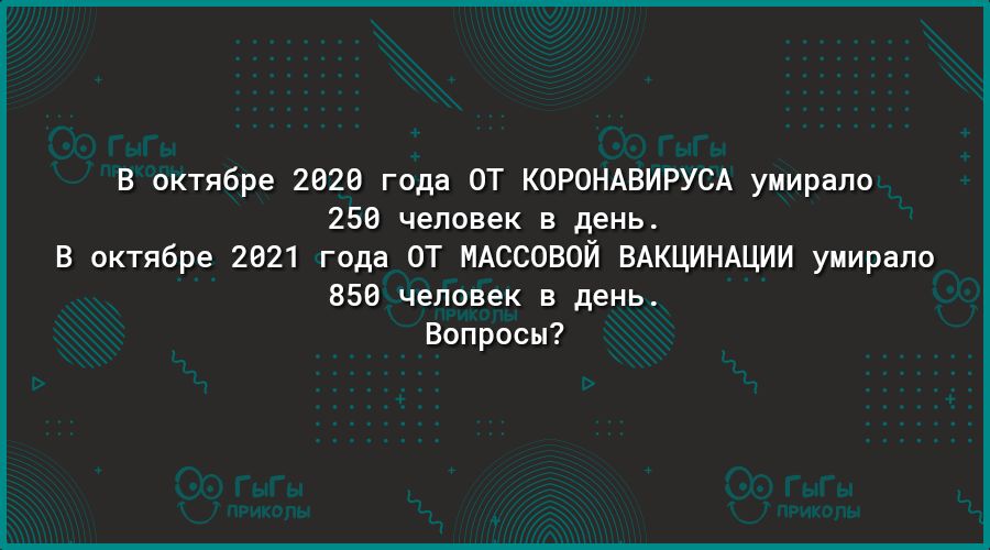 В октябре 2020 года ОТ КОРОНАВИРУСА умирало 250 человек в день В октябре 2021 года ОТ МАССОВОЙ ВАКЦИНАЦИИ умирало 850 человек в день Вопросы