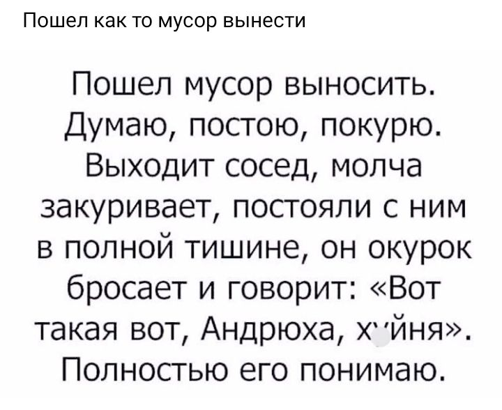 Пошел как то мусор вынести Пошел мусор выносить Думаю постою покурю Выходит сосед молча закуривает посгояли с ним в полной тишине он окурок бросает и говорит Вот такая вот Андрюха хйня Полносгью его понимаю