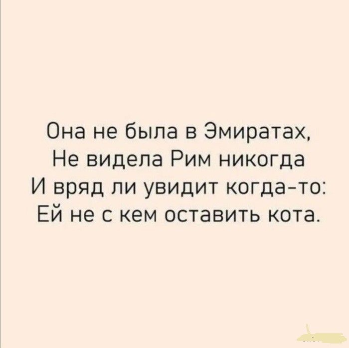 Она не была в Эмиратах Не видела Рим никогда И вряд ли увидит когда то Ей не с кем оставить кота