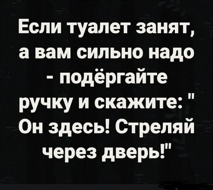 Если туалет занят а вам сильно надо подёргайте ручку и скажите Он здесь Стрепяй через дверь