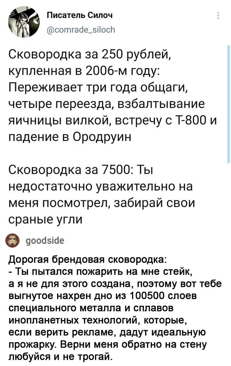 Писатель Силоч сотгабе_іосп Сковородка за 250 рублей купленная в 2006м году Переживает три года общаги четыре переезда взбалтывание яичницы вилкой встречу с Т 800 и падение в Ородруин Сковородка за 7500 Ты недостаточно уважительно на меня посмотрел забирай свои сраные угли оооозібе дорогая брендовая сковородка Ты пытался пожарить на мне стейк а я не для этого создана поэтому вот тебе выгнутое нахр