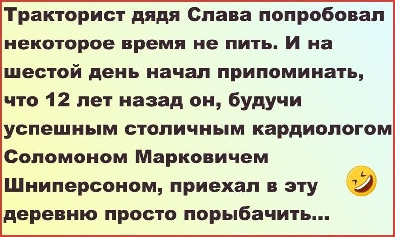 Тракторист дядя Слава попробовал некоторое время не пить И на шестой день начал припоминать что 12 лет назад он будучи успешным столичным кардиологом Соломоном Марковичем Шниперсоном приехал в эту деревню просто порыбачить