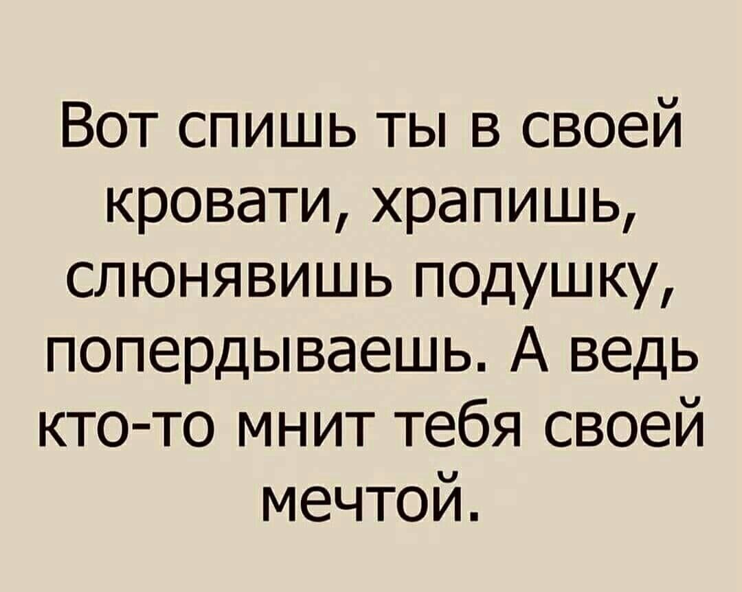 спишь ты в своей кровати храпишь слюнявишь подушку попердываешь А ведь кто то мнит тебя своей мечтой