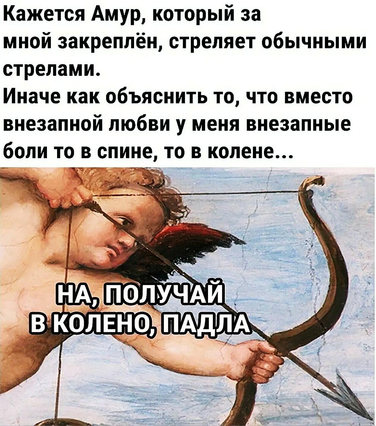 Кажется Амур который за мной закреплён стреляет обычными стрелами Иначе как объяснить то что вместо внезапной любви у меня внезапные боли то в спине то в колене
