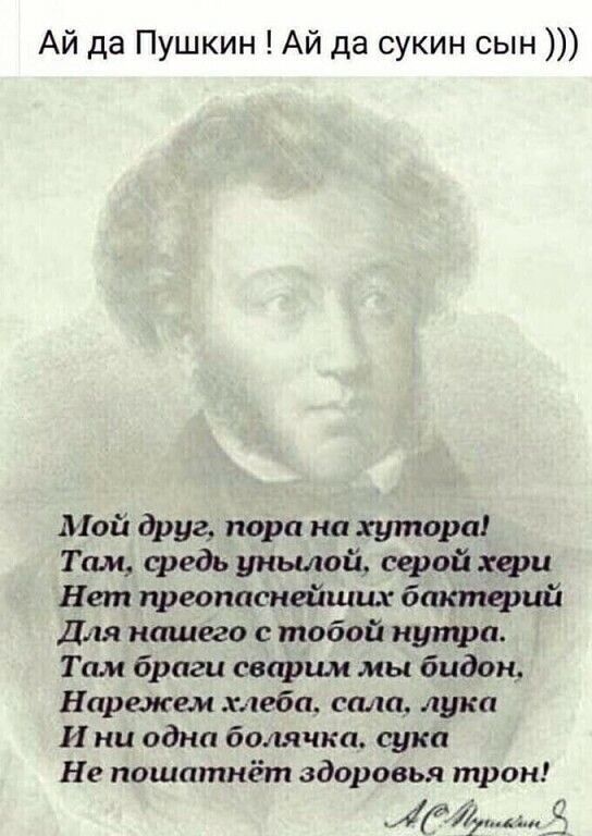 Ай да Пушкин Ай да сукин сын Ліой друг пора на хутора Тпм средь унылой серой хера Нет цреоппснейщих бтстерий Для нашего с тобой нутри Там браги сварил мы бидон Нарежем хлеба сала лука И ни одна бомчка сука Не пошатнёт здоровья трон іМи С