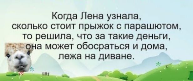 Когда Лена узнала сколько стоит прыжок с парашютом то решила что за такие деньги ЁЁЁЭ МОЖЭТ обосраться И дома лежа на диване _