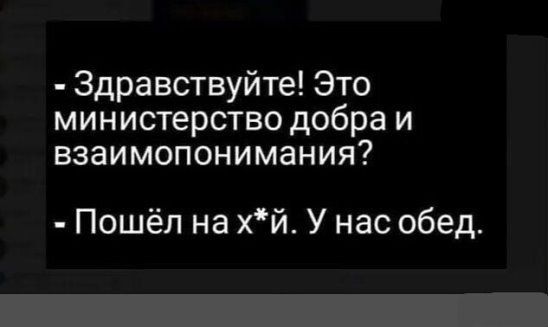 Здравствуйте Это министерство добра и взаимопонимания Пошёл на хй У нас обед
