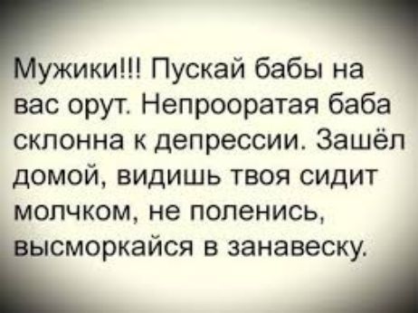 ужики Пускай бабы на вас орут Непрооратая баба склонна к депрессии Зашёл домой видишь твоя сидит мопчком не поленись іысморкайся в занавеску