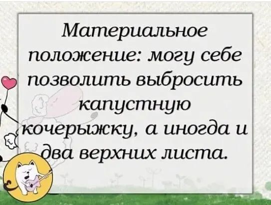 Материальное положение могу себе позволить выбросить капустную кочерыжку а иногда и ова верхних листа