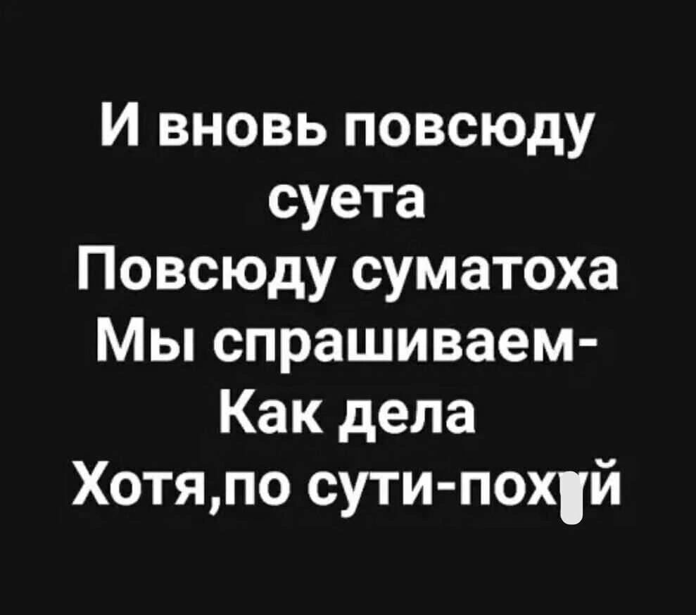 И вновь повсюду суета Повсюду суматоха Мы спрашиваем Как дела Хотяпо сути похй