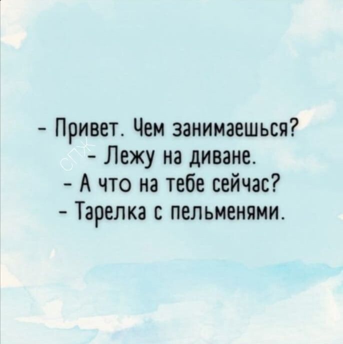 Привет Чем занимаешься Лежу на диване А что на тебе сейчас Тарелка с пельменями