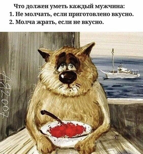 Чтв должен уметь каждый мужчина 1 Не молчать если приготовлено вкусно 2 Мплча жрать если не вкусно