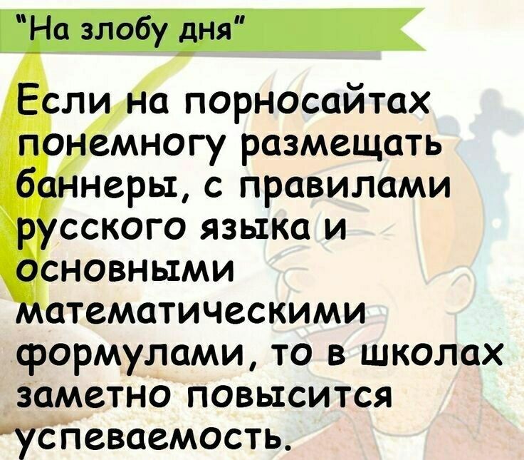 На злобу дня Если на порносайтах понемногу размещать баннеры с правилами русского языка и основными математическими формулами то в школах заметно повысится успеваемость