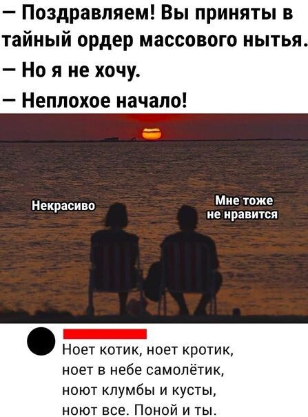 Поздравляем Вы приняты в тайный ордер массового нытья Но я не хочу Неплохое начало Мне тоже Некрасиво не нравится _ Ноет котик ноет кротик ноет в небе самопётик ноют клумбы и кусты ноют все Поной и ты