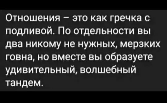 Отношения это как гречка подливой По отдельности вы два никому не нужных мерзких говна но вместе вы образуете удивительный волшебный тандем